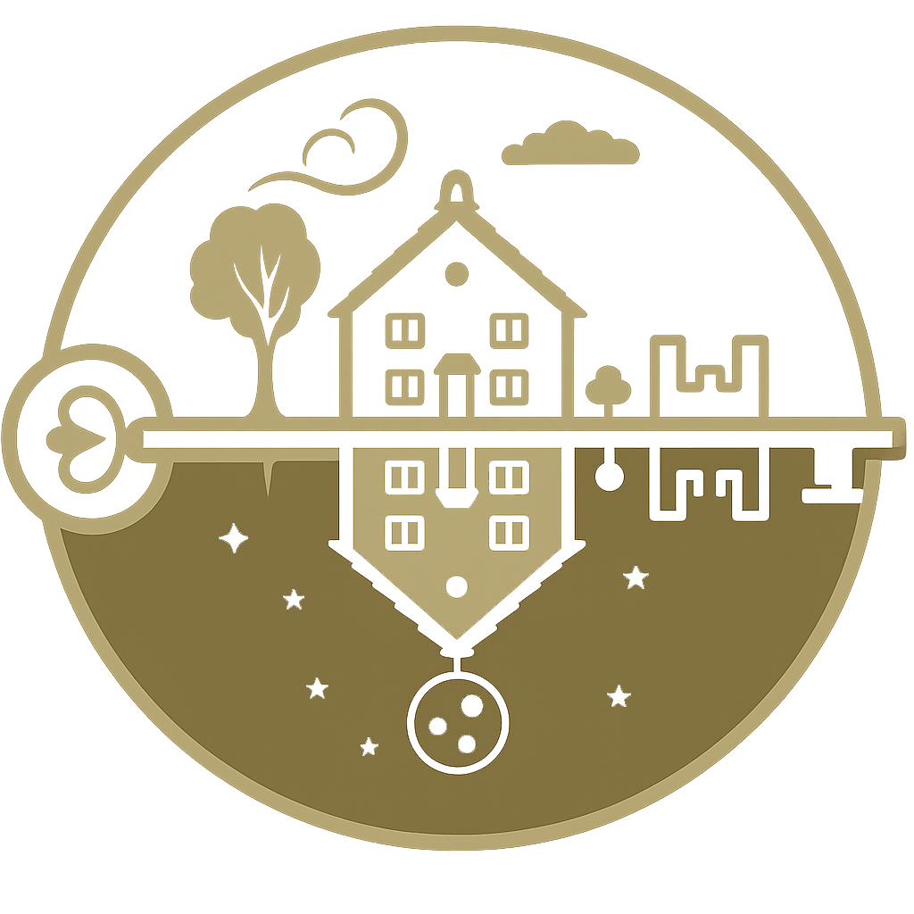 Logo circulaire représentant une clé traversant une maison reflétée, symbole du gîte Au Jardin des Clefs, entre lumière du jour et calme de la nuit.