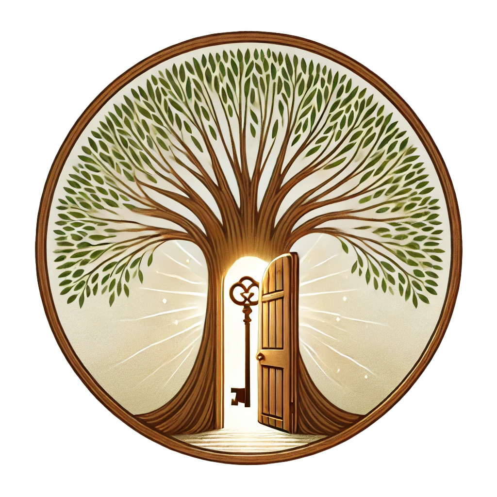 Logo symbolique représentant un arbre sacré avec une porte dans le tronc et une clé suspendue, pour le lieu “Au Jardin des Clés”.