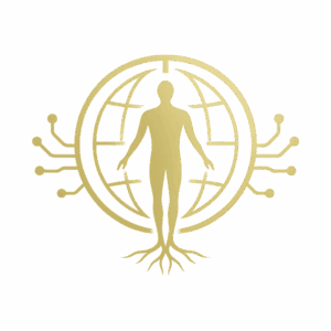 Logo symbolique représentant la fusion entre l’humain, la technologie et la nature, emblème de World Man © 2025.
